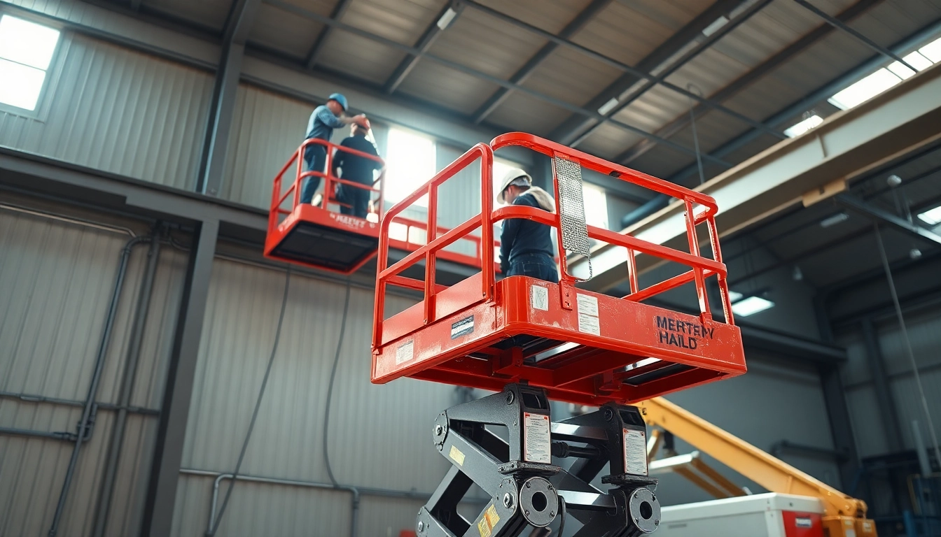 Workers using a cherry picker to access elevated areas safely during maintenance tasks.
