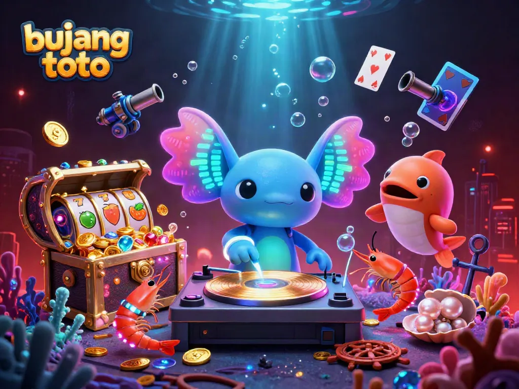 Engage with bujang toto's thrilling underwater casino scene featuring vibrant axolotl DJ and colorful treasures.