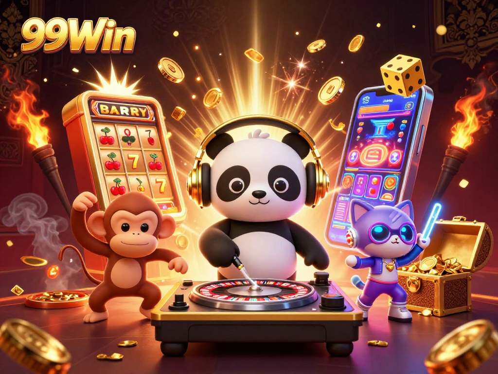 Win big at 99Win with lively cartoon characters and engaging gaming elements in a vibrant casino setting.