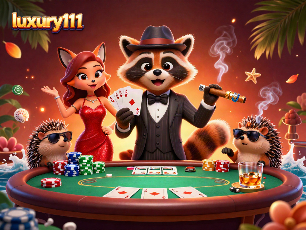 Experience the thrill with luxury111 at a vibrant poker table featuring dynamic characters and elements.