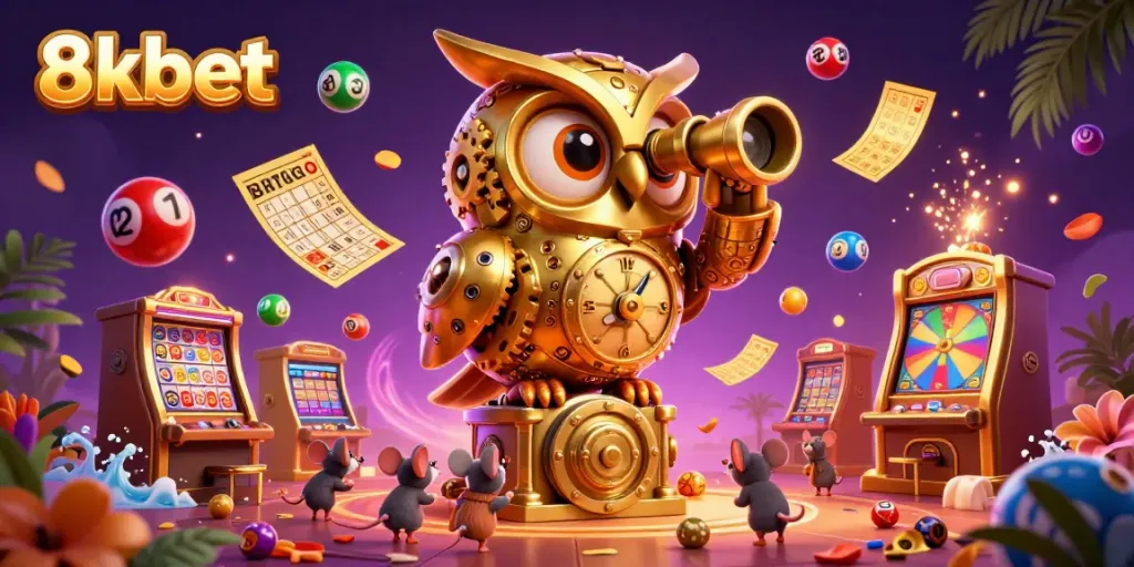 Experience winning opportunities at 8kbet in a lively casino illustrated scene filled with fun elements.