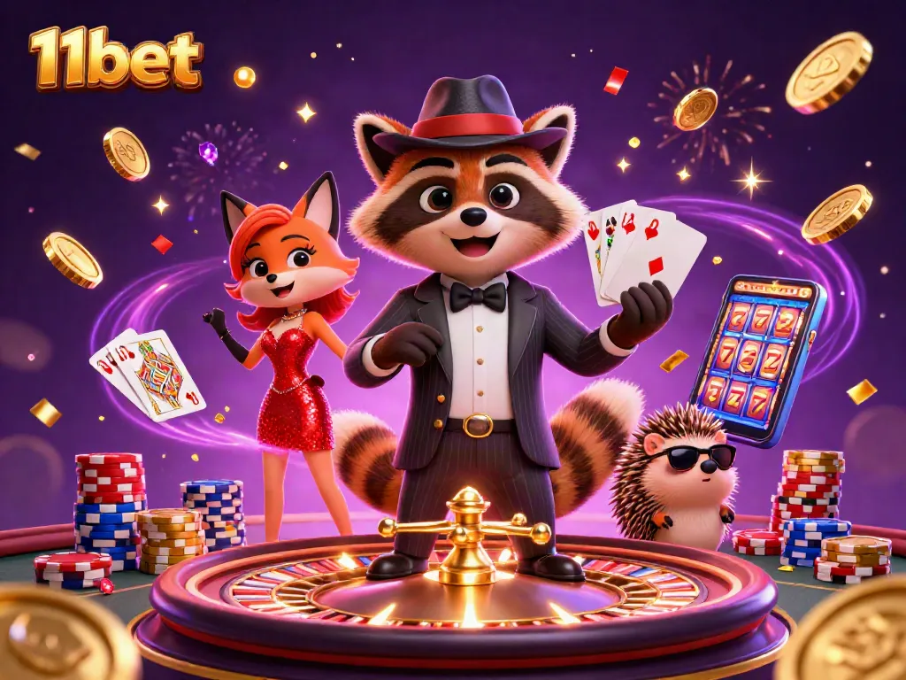 Experience the thrill of 11bet with a suave raccoon, sparkling gems, and a roulette wheel.