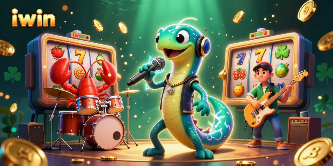Experience the excitement of iwin with electric eel DJ and live slot action in vibrant underwater casino illustration.