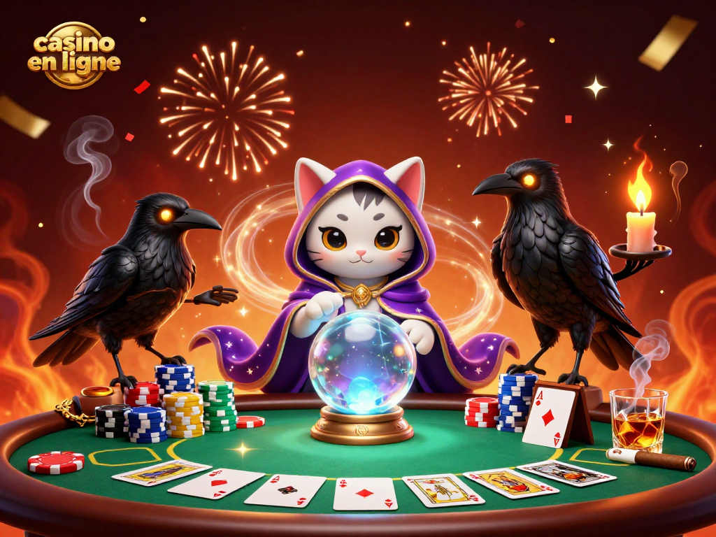 Les joueurs s'engagent dans le casino en ligne avec la table de poker et des personnages mystiques.