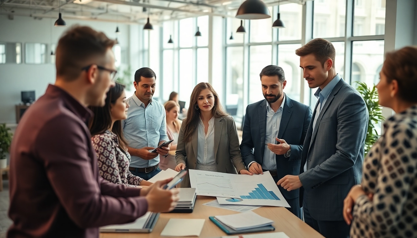 Marketing director discussing strategies with a diverse team in a bright office.