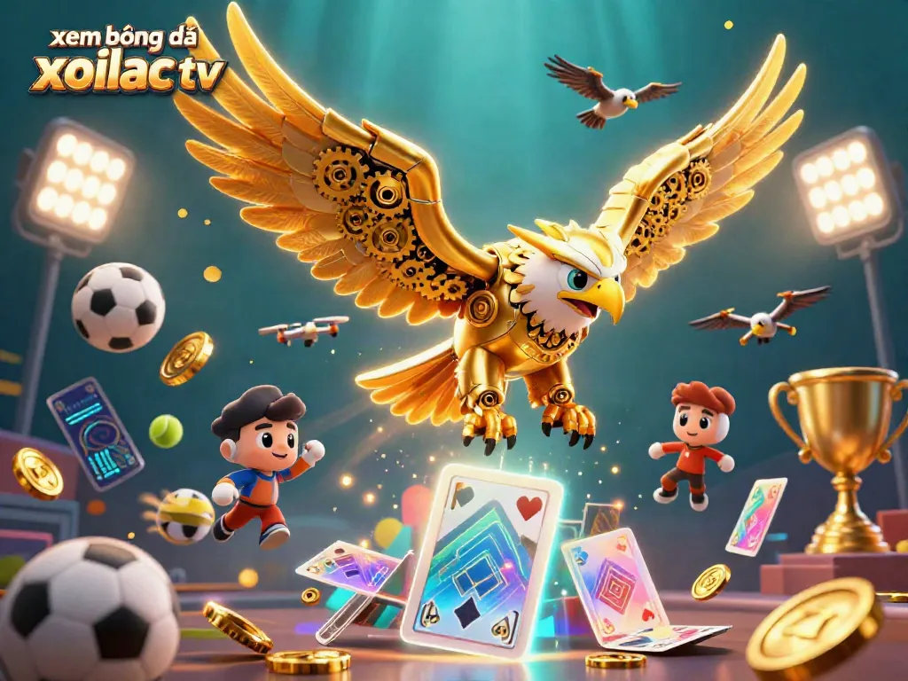 Xem bóng đá xoilac tv through a vibrant 3D scene of a golden eagle and dynamic sports elements
