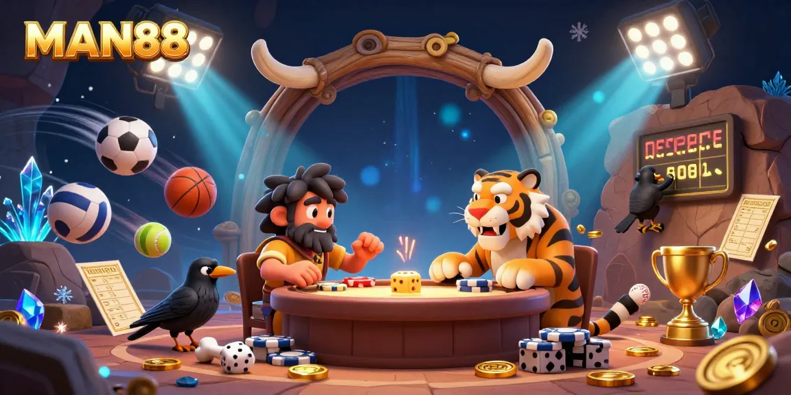 Experience the excitement of MAN88 with this lively prehistoric casino illustration, featuring unique game elements and vibrant characters.