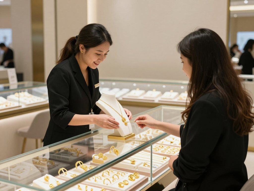 Mantra88 gold jewelry shopping experience with elegant displays and helpful staff.