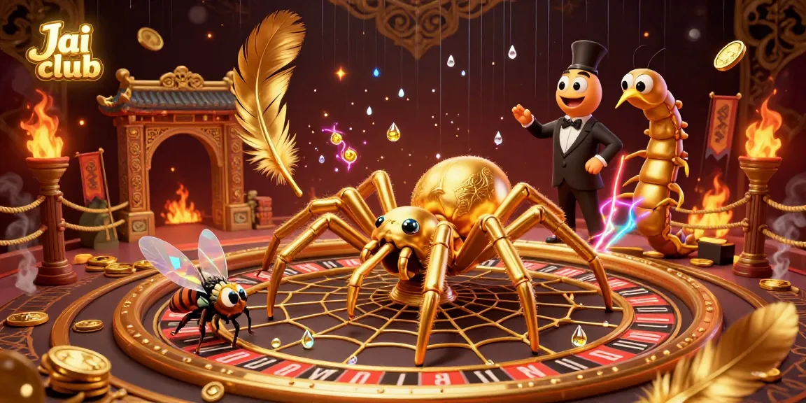Engage with Jai club's thrilling games as a golden spider spins a roulette wheel web, setting the stage for adventure.