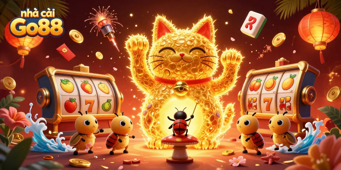Experience the thrilling vibe of nhà cái Go88's online casino with a vibrant illustration of a lucky cat and dynamic gaming elements.