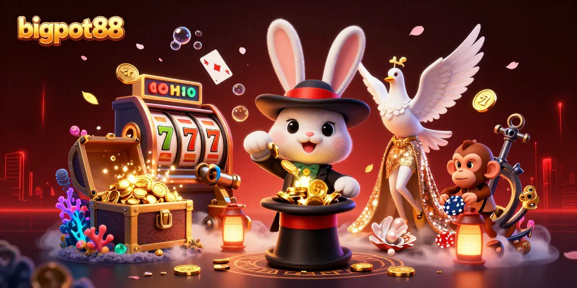bigpot88 menampilkan kelinci pesulap menarik koin emas dalam suasana kasino yang meriah dan penuh detail.