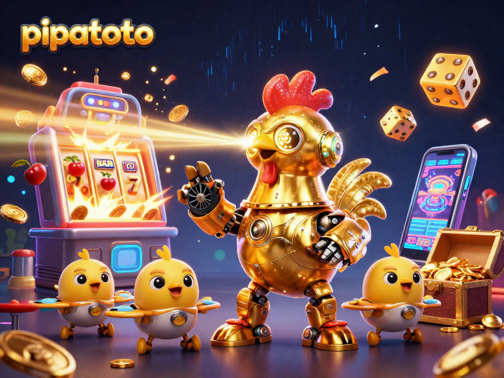 Pipatoto's winning action illustrated by a golden rooster robot and vibrant casino symbols.