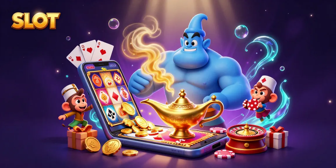Experience the excitement of SLOT games with a 3D genie, poker chips, and vibrant casino elements.