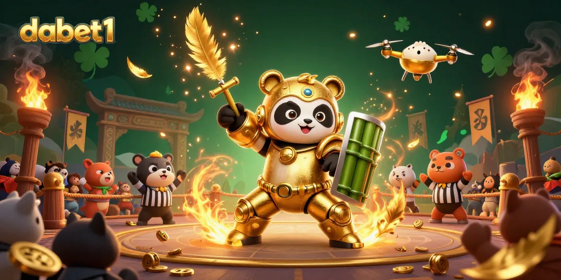 dabet1 showcases a golden panda in a mech-suit at a vibrant casino-themed arena.