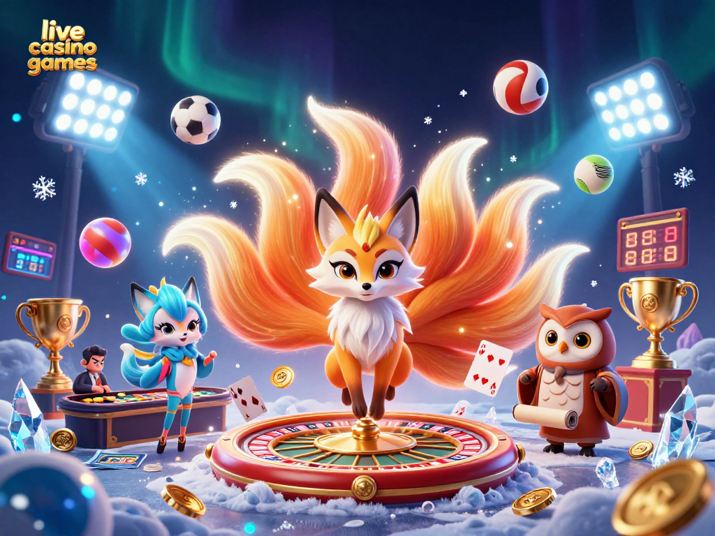 Engaging scene showcasing live casino games with a nine-tailed fox spirit, owl sage, and dynamic gaming elements.