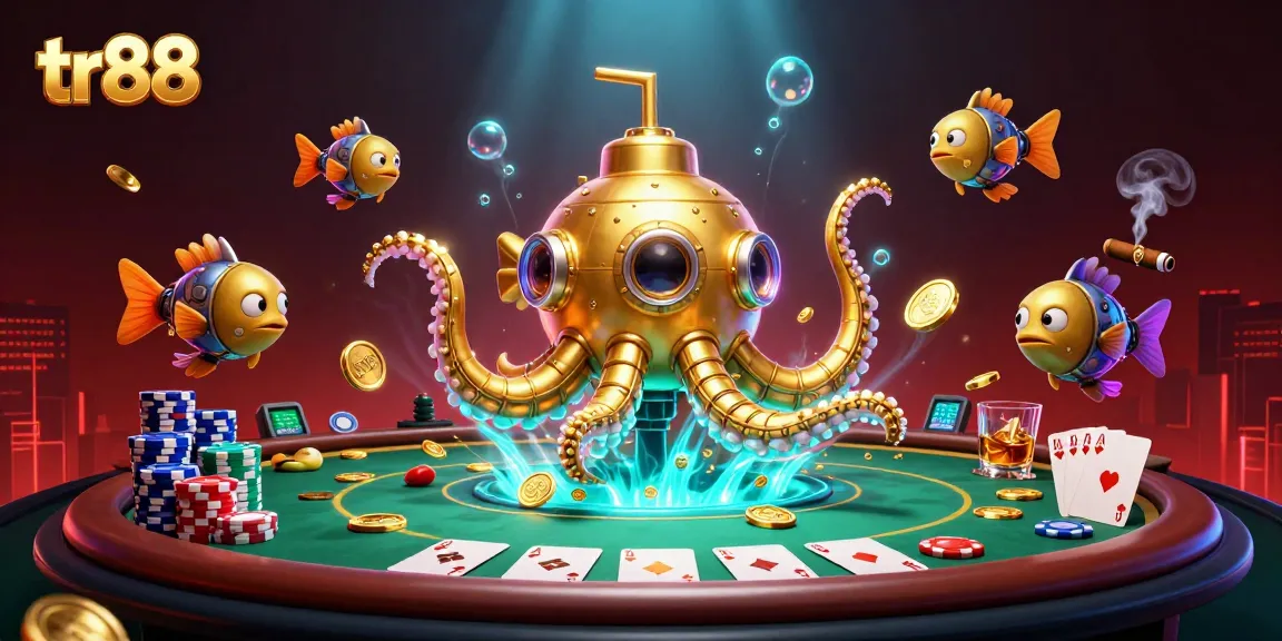 Engage in thrilling poker action at tr88 with an impressive golden kraken submarine and dynamic gaming elements.