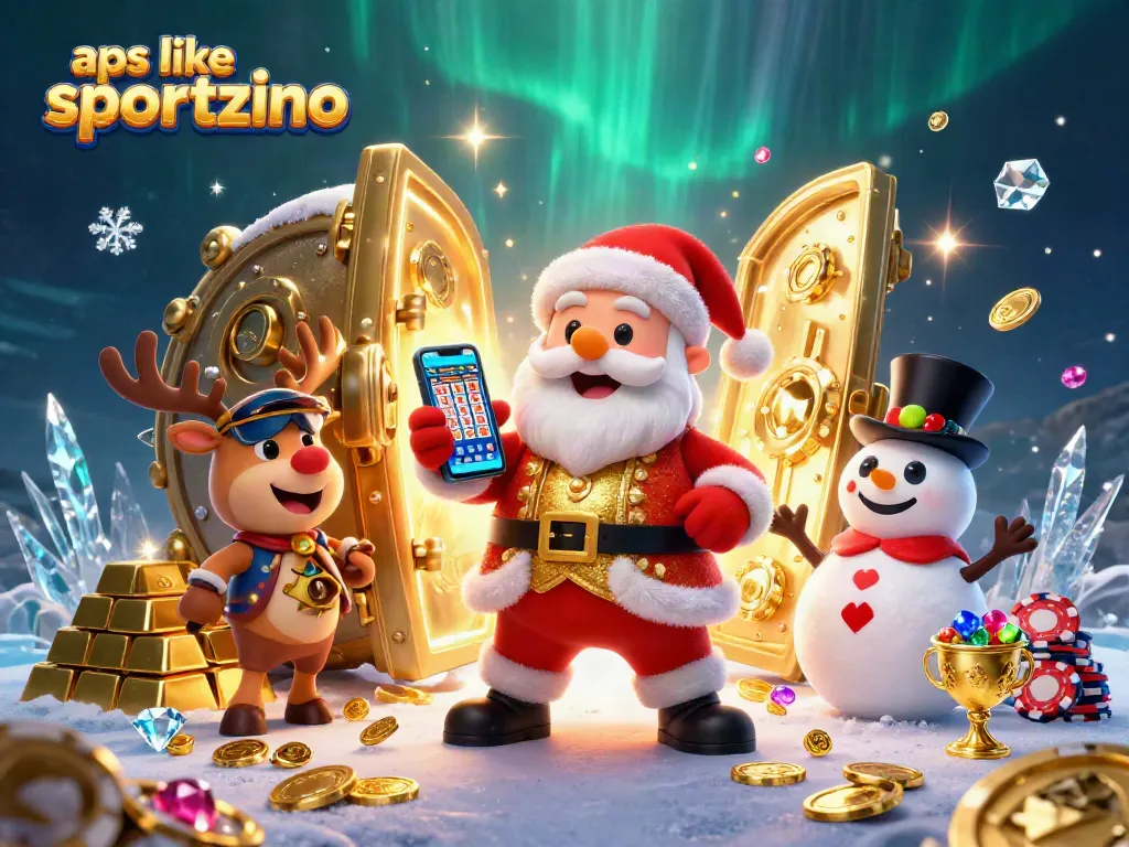 Join Santa and friends in a vibrant casino scene showcasing apps like Sportzino with jackpot excitement.