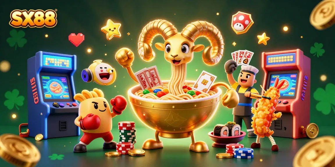 SX88 engages players with dynamic characters in a vibrant casino-themed digital illustration.