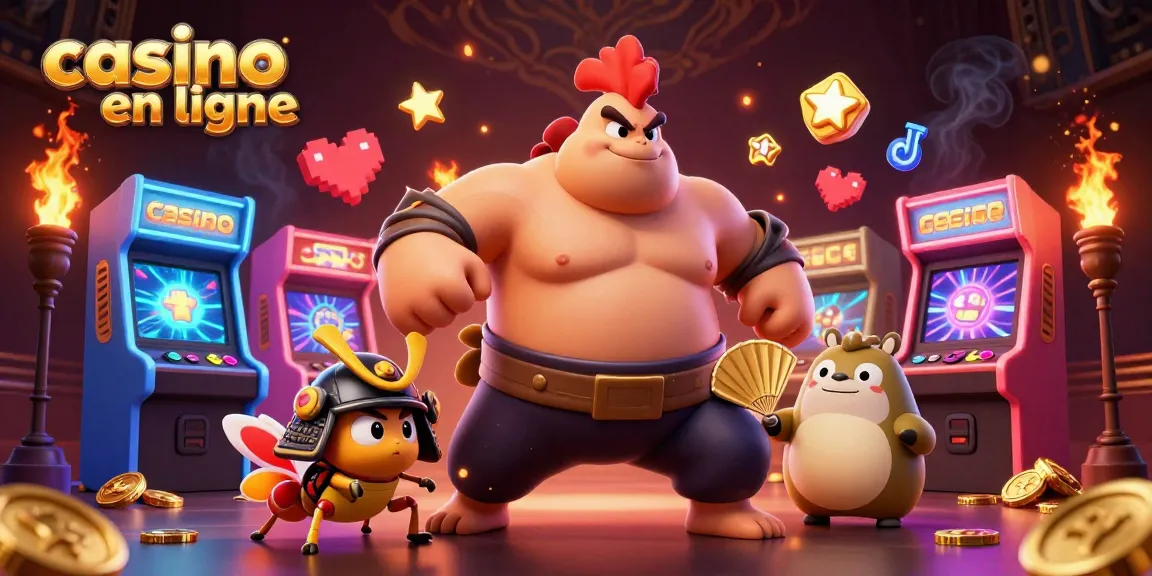 Illustration dynamique de casino en ligne avec un coq sumo et un grillon samouraï.