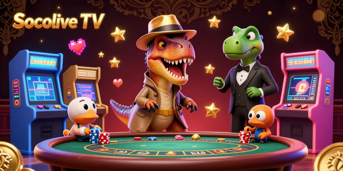Socolive TV showcases a cartoon velociraptor card counter at a blackjack table, amid vibrant arcade elements.