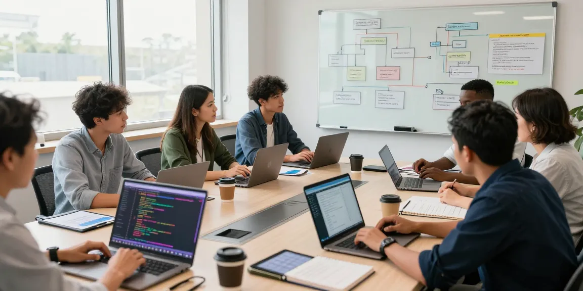 Team collaborating to build internal tools with AI in a bright tech office environment.