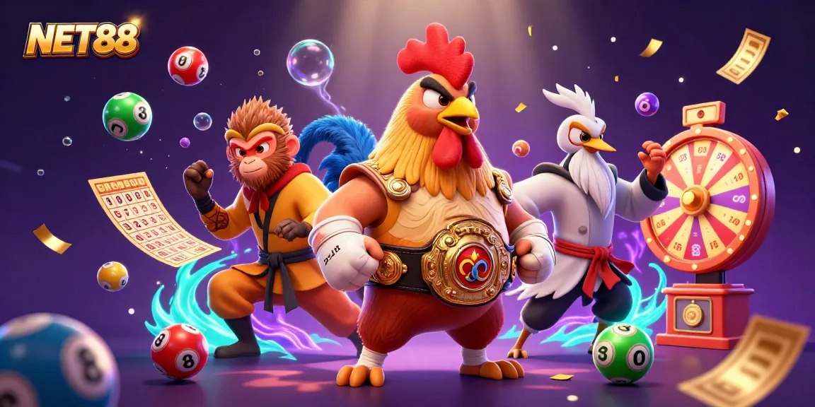 Engage with NET88's vibrant lottery scene featuring a Muay Thai rooster and colorful elements.