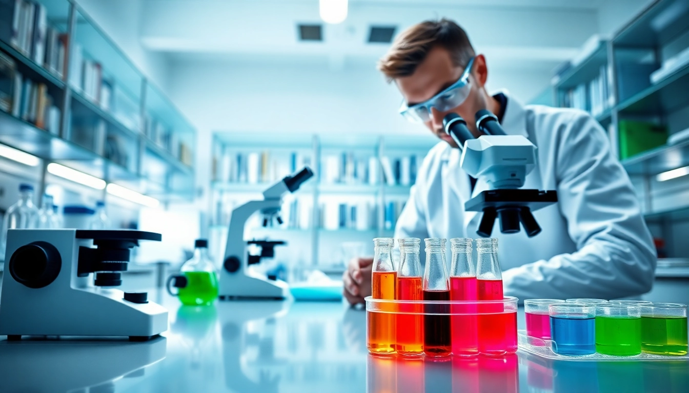 Visualize research peptides in a lab setting with scientists analyzing colorful vials and equipment.