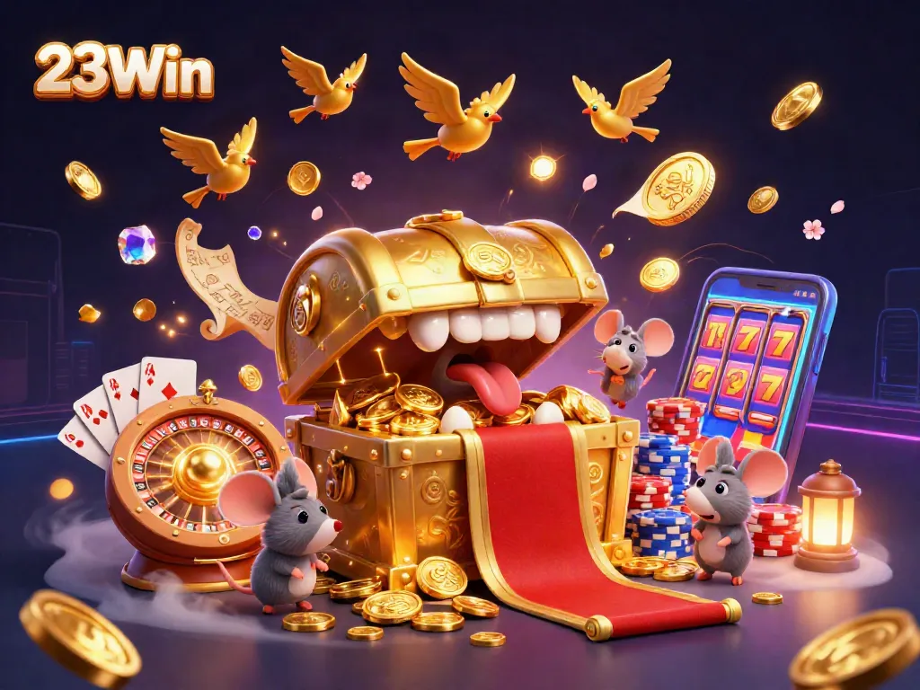 Experience the thrill of 23Win with vibrant casino elements and treasure-themed characters.