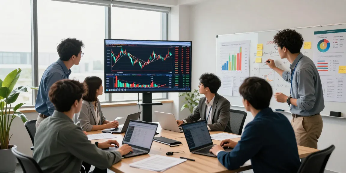 Traders analyzing m98 trends in an energetic financial office, showcasing real-time data and collaborative strategies.