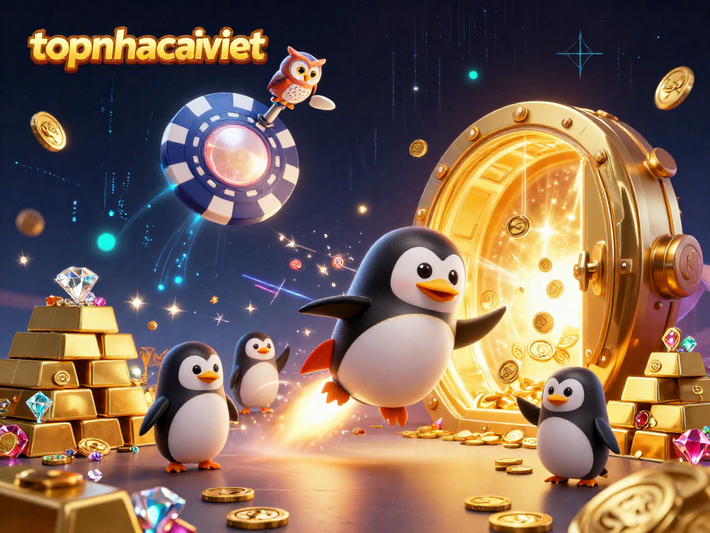Betting successfully at topnhacaiviet with a penguin rocket chasing golden treasures in a vibrant casino universe.
