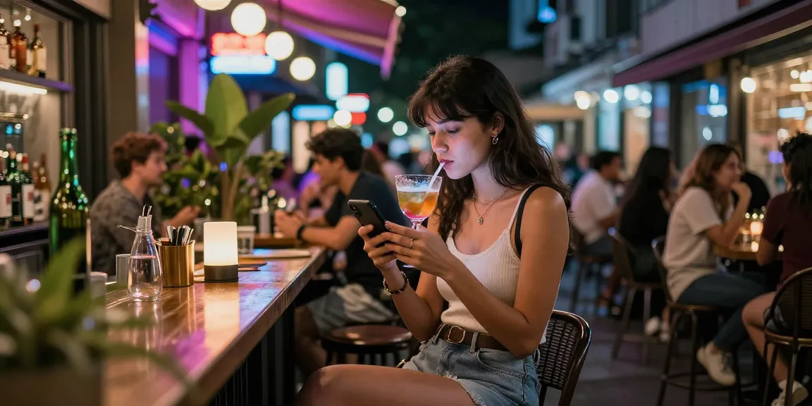 Gái gọi trong không gian quán cà phê nhộn nhịp về đêm, trẻ trung và năng động.