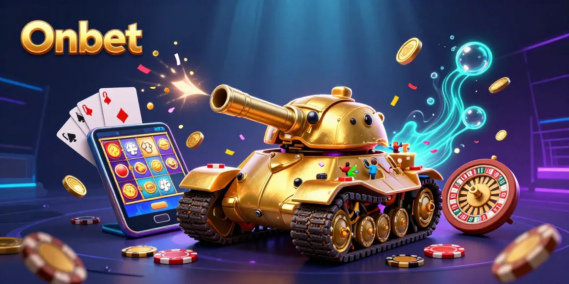 Experience Onbet's exciting miniature casino scene with a golden beetle tank revealing fun gambling elements.