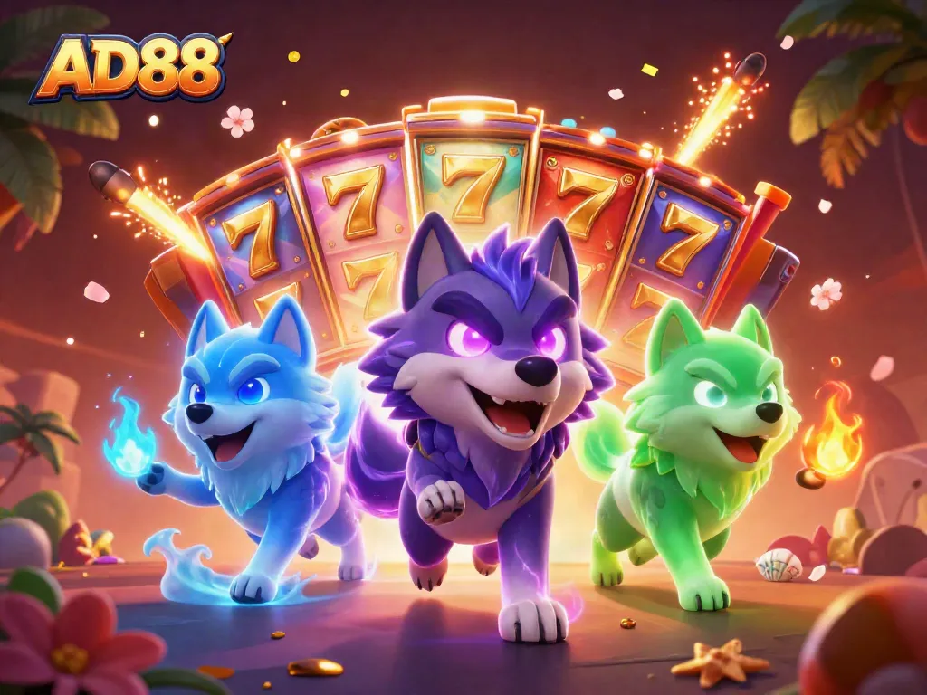 Engage with AD88's thrilling slot reels and dynamic visuals in this captivating casino illustration.