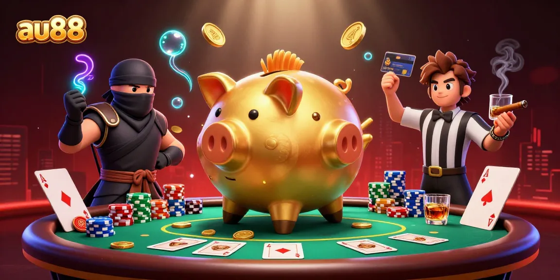 Experience thrilling gameplay at au88 with a sumo wrestler piggy bank surrounded by poker excitement.