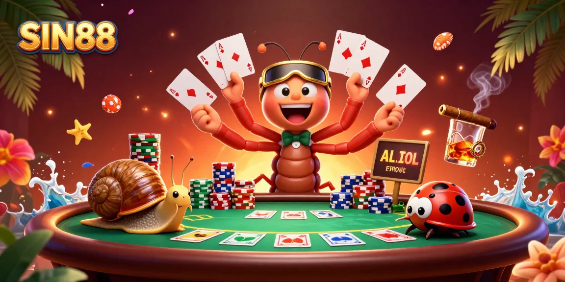 SIN88 captures an exhilarating poker scene with a millipede dealer and a snail high-roller pushing chip stacks.