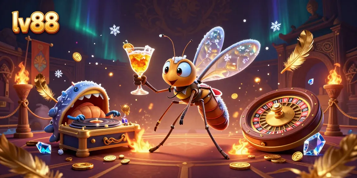 Experience thrilling action at lv88 with a vibrant 3D illustration of casino mascots and gaming elements.