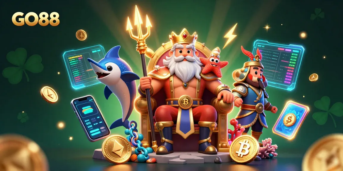 Engage with GO88's vibrant 3D gaming scene featuring Neptune, samurai, and cryptocurrency elements.
