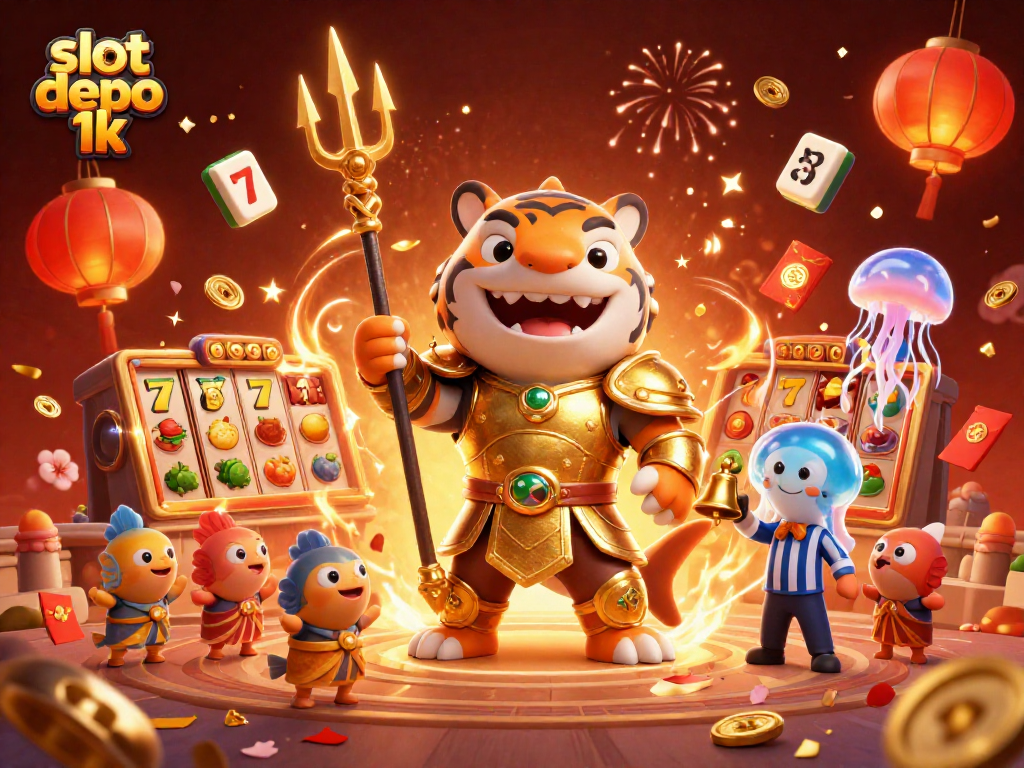 Experience the thrill of slot depo 1k with a dynamic scene featuring a tiger shark amidst colorful gaming elements.
