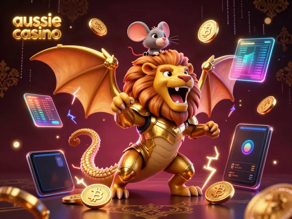 Experience the thrill of playing at an aussie casino with a roaring chimera and crypto elements in a vibrant 3D scene.