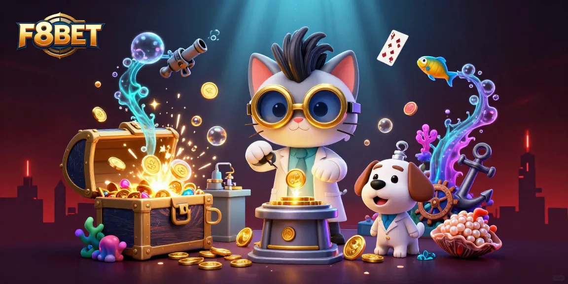 Experience the thrill of F8BET's lively casino scene with an engaging mad scientist and vibrant game elements.