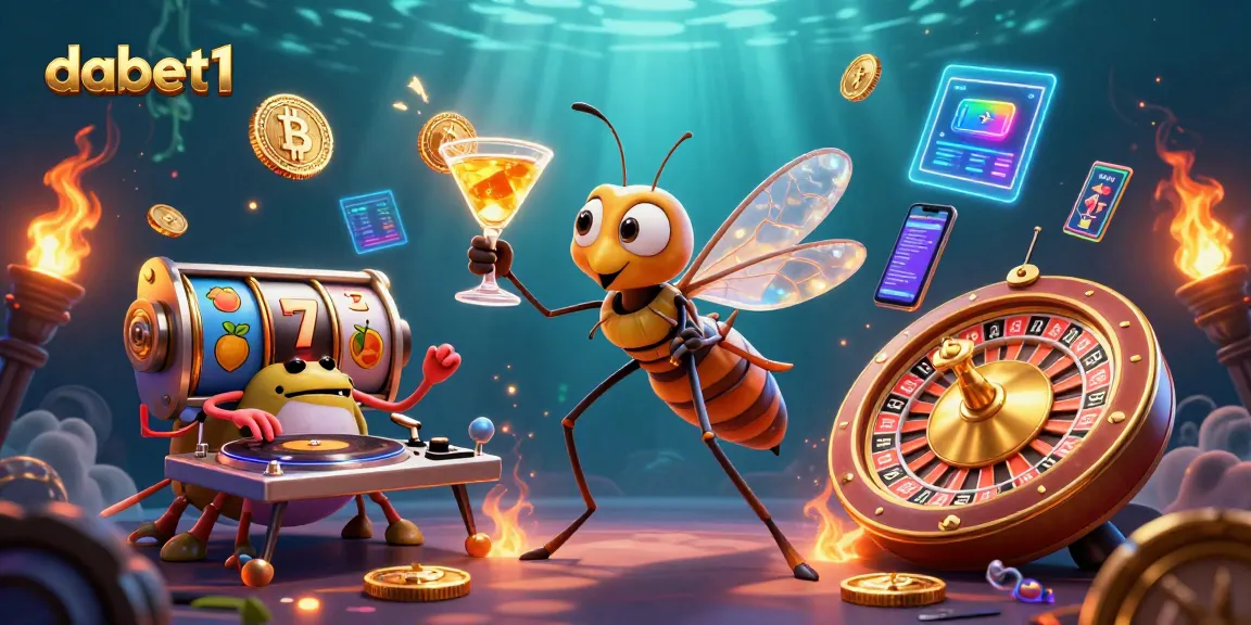 Engage with dabet1 at a vibrant casino scene featuring animated characters and cryptocurrency elements.