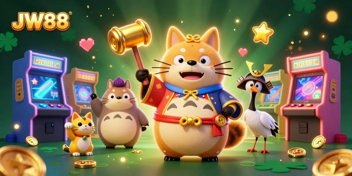 Experience gaming thrills with JW88 in this vibrant 3D casino scene featuring luck and fun.