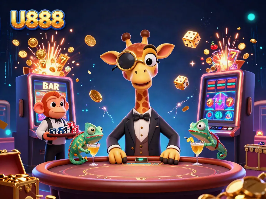 Experience U888's vibrant casino world with high-roller characters at a poker table.