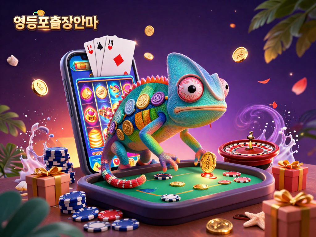 Experience thrilling 영등포출장안마 with a dynamic chameleon casino owner amidst golden coins and vibrant games.