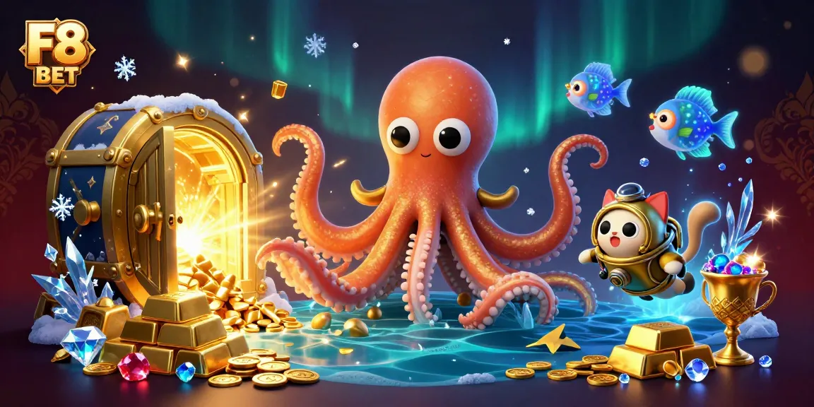 Experience thrilling adventures with F8 BET as the kraken reveals treasure amidst bioluminescent sea life.
