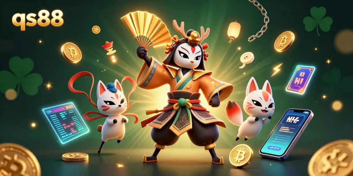 Engage in thrilling gaming action with qs88's vibrant casino scene featuring unique characters and illuminated coins.