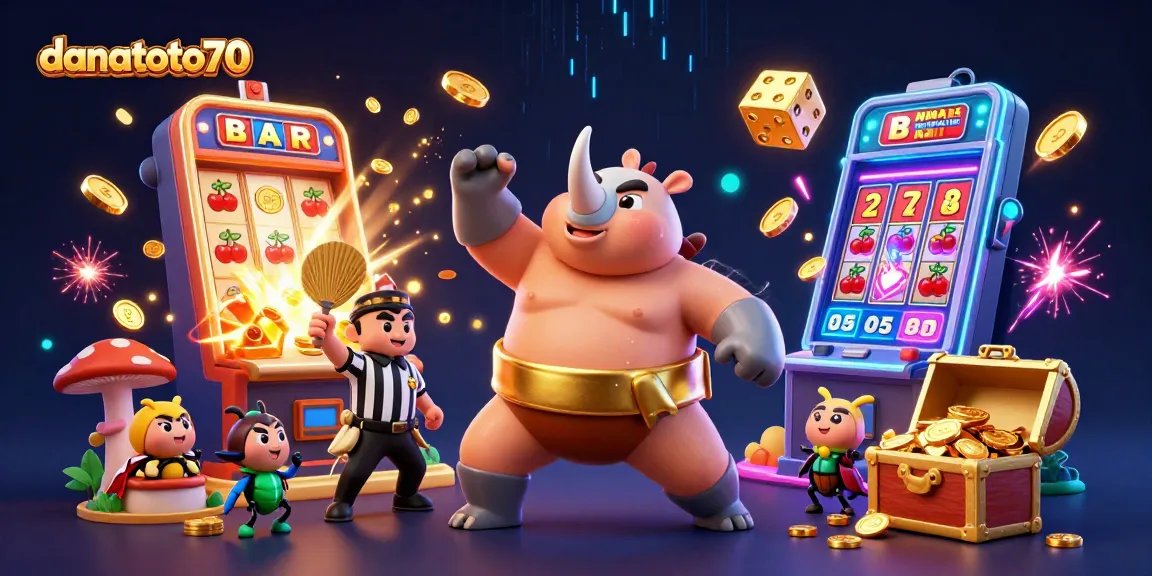 Experience the thrilling action at danatoto70 with vibrant 3D illustration of a sumo beetle champion amid casino elements.