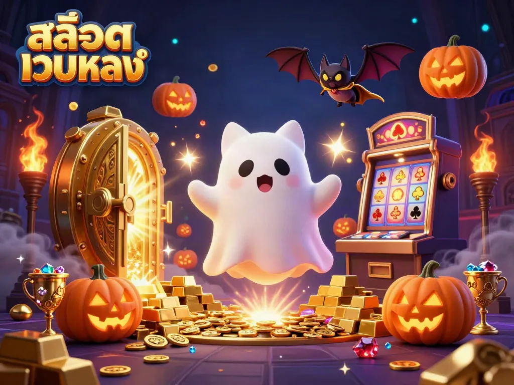 Engage with สล็อตเว็บตรง in a dynamic haunted casino scene featuring a ghost cat and treasure elements.