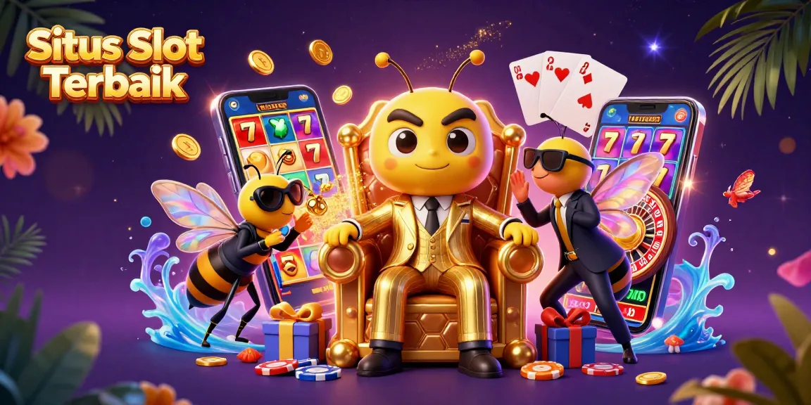 Experience gaming with Situs Slot Terbaik featuring a playful 3D bumblebee mob boss and slot game excitement.