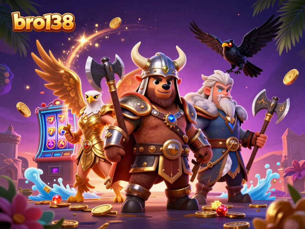 Experience exciting slot action with bro138, featuring a Viking bear and Valkyrie eagle amid golden treasures.